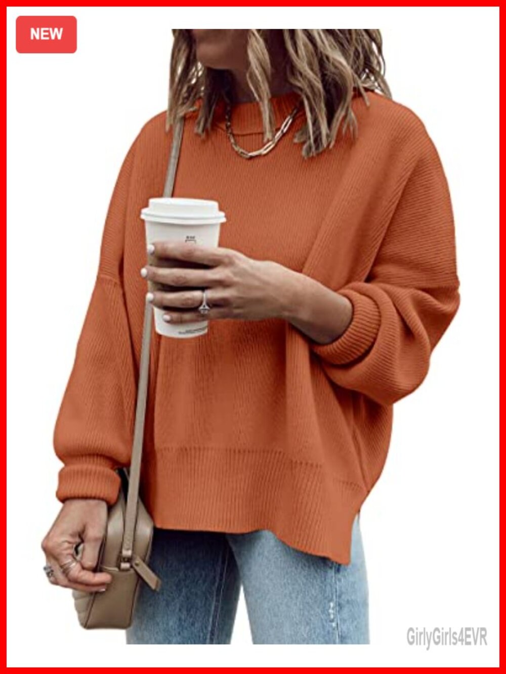 Oversized Tunic Sweater Loose Fit Ribbed Crewneck Pullover Side Slit